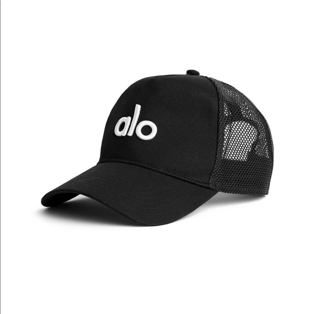 ALO Yoga Black Trucker Hat with White Logo